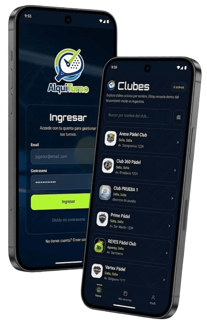 Vistas mobile de AlquiTurno para login y gestión de clubes